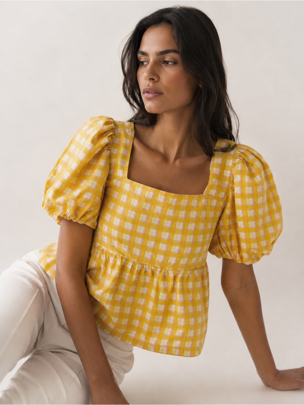 NWT Jason Wu Yellow and White Gingham Puff Sleeve Top XS